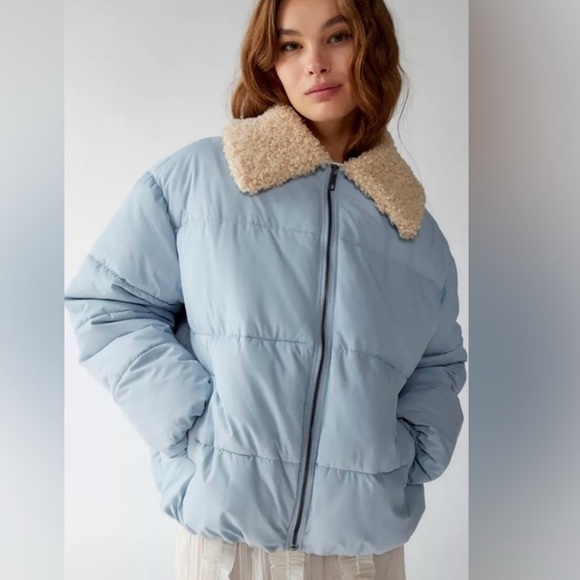 Urban Outfitters Duckie Puffer Jacket Blue Faux Sherpa Collar Size Large Y2K - Picture 1 of 10
